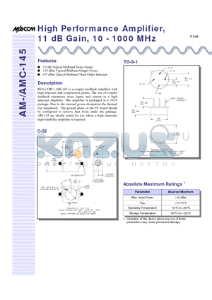 AM-145PIN datasheet - High Performance Amplifier, 11dB Gain 10 - 1000 MHz