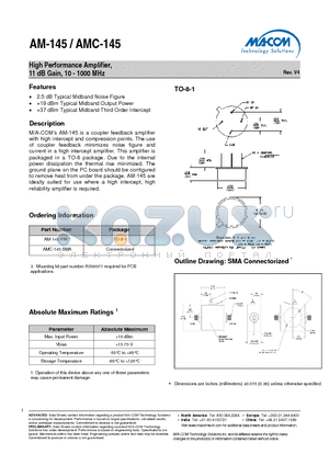 AM-145PIN datasheet - High Performance Amplifier, 11 dB Gain, 10 - 1000 MHz