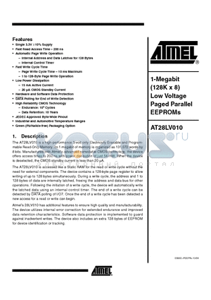 AT28LV010-20JI datasheet - 1-Megabit (128K x 8) Low Voltage Paged Parallel EEPROMs