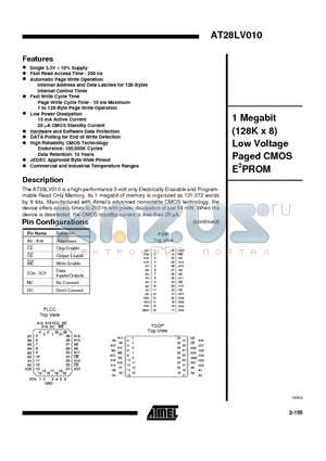 AT28LV010-25 datasheet - 1 Megabit 128K x 8 Low Voltage Paged CMOS E2PROM