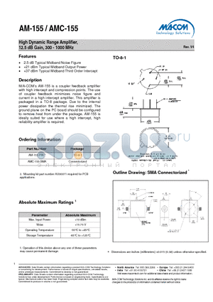 AM-155PIN datasheet - High Dynamic Range Amplifier, 12.5 dB Gain, 300 - 1000 MHz