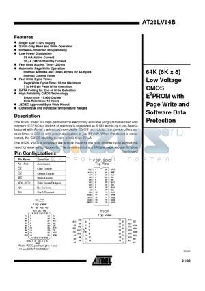 AT28LV64B-20SC datasheet - 64K 8K x 8 Low Voltage CMOS E2PROM with Page Write and Software Data Protection