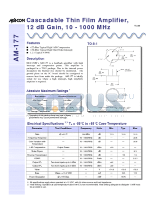 AM-177PIN datasheet - Cascadable Thin Film Amplifier, 12 dB Gain, 10 - 1000 MHz