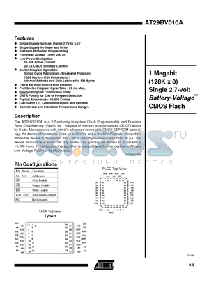 AT29BV010A-15JC datasheet - 1 Megabit 128K x 8 Single 2.7-volt Battery-Voltage CMOS Flash