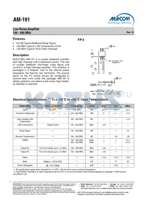 AM-191PIN datasheet - Low Noise Amplifier 100 - 600 MHz