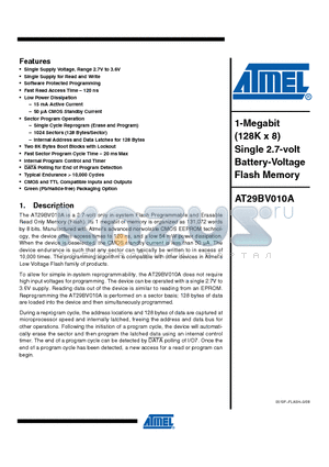 AT29BV010A-15TU datasheet - 1-Megabit (128K x 8) Single 2.7-volt Battery-Voltage Flash Memory