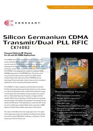 CX74002 datasheet - Silicon Germanium CDMA Transmit/Dual PLL RFlC