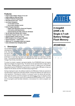 AT29BV020-12JU datasheet - 2-megabit (256K x 8) Single 2.7-volt Battery-Voltage Flash Memory