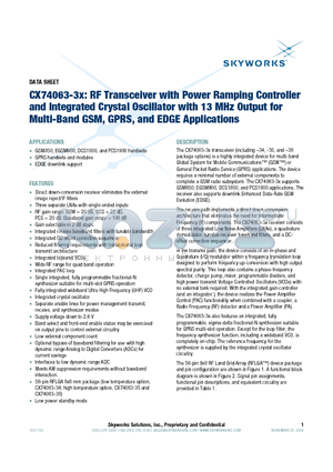 CX74063-35 datasheet - RF Transceiver with Power Ramping Controller and Integrated Crystal Oscillator with 13 MHz Output for Multi-Band GSM, GPRS, and EDGE Applications