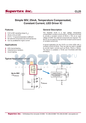 CL25 datasheet - Simple 90V, 25mA, Temperature Compensated, Constant Current, LED Driver IC