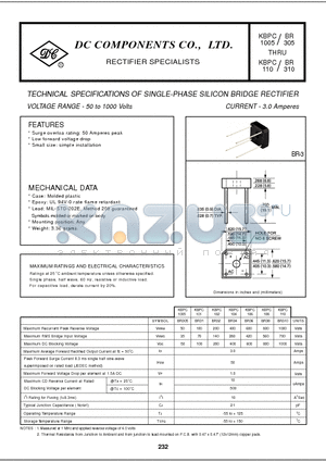 BR305 datasheet - TECHNICAL SPECIFICATIONS OF SINGLE-PHASE SILICON BRIDGE RECTIFIER