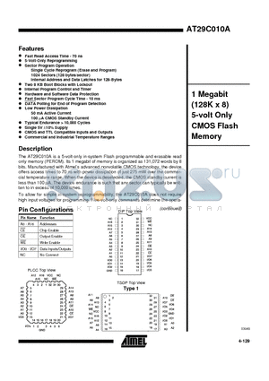 AT29C010A-12 datasheet - 1 Megabit 128K x 8 5-volt Only CMOS Flash Memory