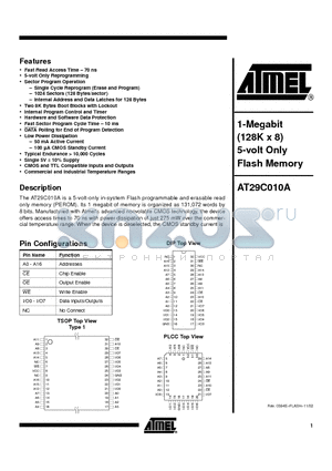 AT29C010A-12TC datasheet - 1-Megabit (128K x 8) 5-volt Only Flash Memory