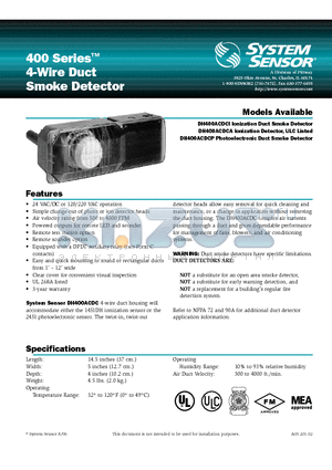 DH400 datasheet - 4-Wire Duct Smoke Detector