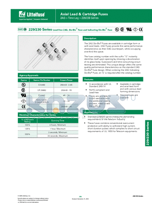 0230001.DRT2SP datasheet - 229/230 Series Lead-Free 2AG, Slo-Blo^ Fuse and Indicating Slo-Blo^ Fuse