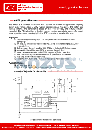 A3130 datasheet - universal DSP-based PFC solution to be used in applications requiring power factor values close to unity