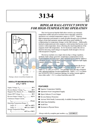 A3134UA datasheet - BIPOLAR HALL-EFFECT SWITCH FOR HIGH-TEMPERATURE OPERATION