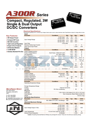 A313R datasheet - Compact, Regulated, 3W Single & Dual Output DC/DC Converters