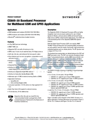 CX80502-36 datasheet - CX805-30 Baseband Processor for Multiband GSM and GPRS Applications
