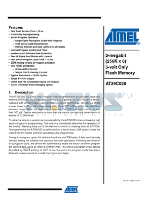 AT29C020-90JC datasheet - 2-Megabit 256K x 8 5-volt Only CMOS Flash Memory