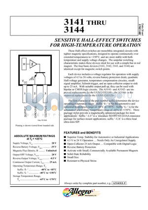 A3141ELT datasheet - SENSITIVE HALL-EFFECT SWITCHES FOR HIGH-TEMPERATURE OPERATION