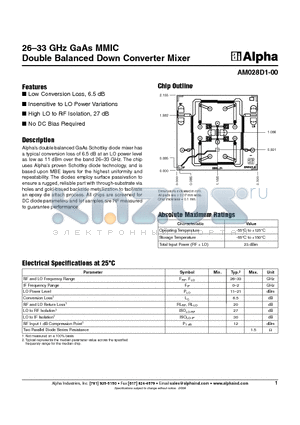 AM028D1-00 datasheet - 26-33 GHz GaAs MMIC Double Balanced Down Converter Mixer