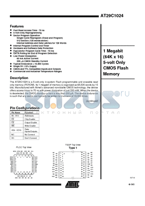 AT29C1024-15TI datasheet - 1 Megabit 64K x 16 5-volt Only CMOS Flash Memory