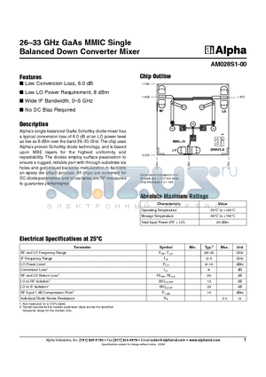 AM028S1-00 datasheet - 26-33 GHz GaAs MMIC Single Balanced Down Converter Mixer