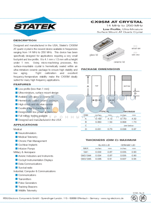 CX9SM5 datasheet - 14 MHz to 250 MHz Low Profile, Ultra-Miniature Surface Mount AT Quartz Crystal