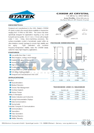 CX9SSM1 datasheet - 14 MHz to 250 MHz Low Profile, Ultra-Miniature Surface Mount AT Quartz Crystal