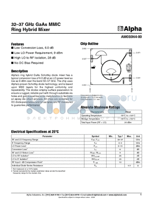 AM035N4-00 datasheet - 32-37 GHz GaAs MMIC Ring Hybrid Mixer