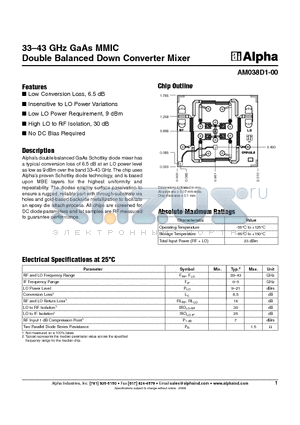 AM038D1-00 datasheet - 33.43 GHz GaAs MMIC Double Balanced Down Converter Mixer