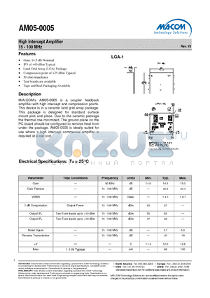 AM05-0005 datasheet - High Intercept Amplifier 15 - 100 MHz