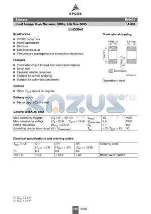 B59601 datasheet - Sensors Limit Temperature Sensors, SMDs, EIA Size 0603