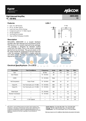 AM05-0006TR datasheet - High Intercept Amplifier, 15-100 MHz