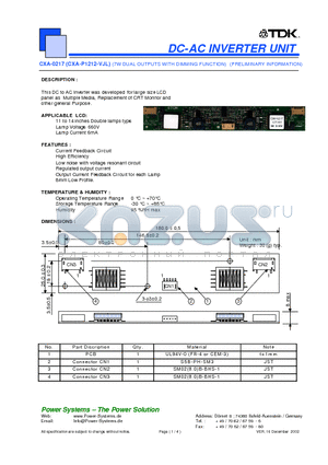 CXA-0217 datasheet - DC-AC INVERTER UNIT 7W DUAL OUTPUTS WITH DIMMING FUNCTION