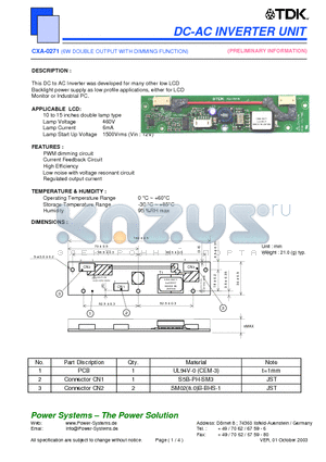 CXA-0271 datasheet - DC-AC INVERTER UNIT 6W DOUBLE OUTPUT WITH DIMMING FUNCTION