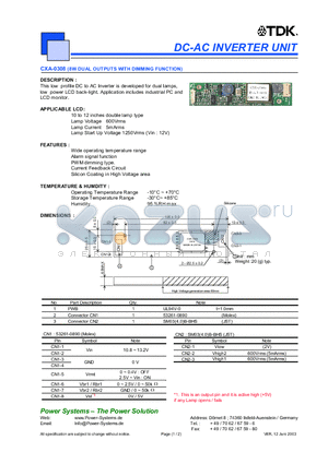 CXA-0308 datasheet - DC-AC INVERTER UNIT 8W DUAL OUTPUTS WITH DIMMING FUNCTION