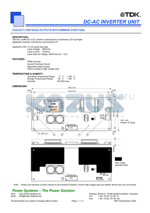 CXA-0317 datasheet - DC-AC INVERTER UNIT 18W QUAD OUTPUTS WITH DIMMING FUNCTION