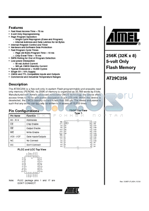 AT29C256-70JC datasheet - 256K 32K x 8 5-volt Only CMOS Flash Memory