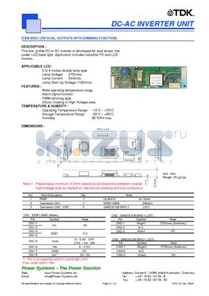 CXA-0321 datasheet - DC-AC INVERTER UNIT 5W DUAL OUTPUTS WITH DIMMING FUNCTION