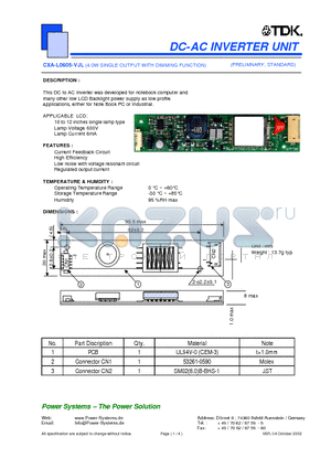 CXA-L0605-VJL datasheet - DC-AC INVERTER UNIT 4.0W SINGLE OUTPUT WITH DIMMING FUNCTION