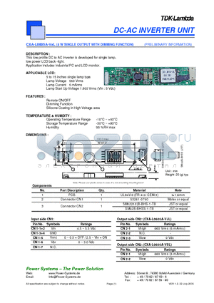 CXA-L0605A-VSL datasheet - DC-AC INVERTER UNIT 4 W SINGLE OUTPUT WITH DIMMING FUNCTION