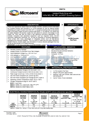 1N5774 datasheet - Isolated Diode Array with HiRel MQ, MX, MV, and MSP Screening Options