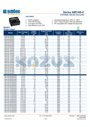 AM1/4S-1207SH30Z datasheet - 0.25 Watt | DC-DC Converter