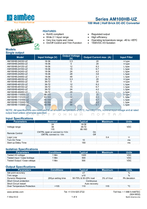 AM100HB-11015S-UZ datasheet - 100 Watt | Half Brick DC-DC Converter