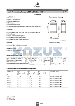 B59701A0110A062 datasheet - Limit Temperature Sensors, SMDs, EIA Size 0805