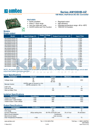 AM100HB-2415S-UZ datasheet - 100 Watt | Half Brick DC-DC Converter