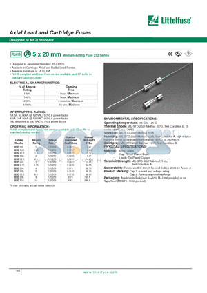 0232001. datasheet - Axial Lead and Cartridge Fuses - Designed to METI Standard