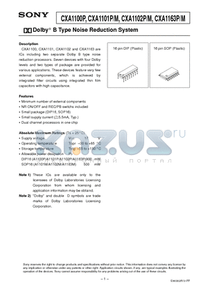 CXA1102M datasheet - DOLBY B TYPE NOISE REDUCTION SYSTEM